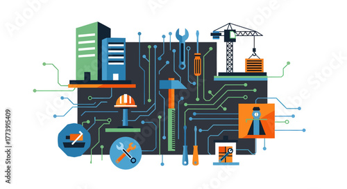 Construction Technology Buildings, Circuit Board, Tools, Crane, Digitalization, Innovation