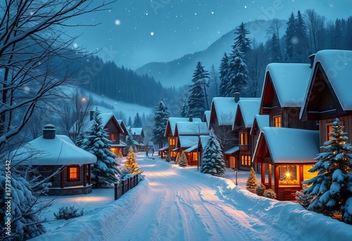 Cozy winter village at Christmas, soft snow, glowing lights, sparkling homes and tree-lined streets,  landscape,  rural