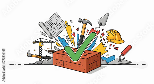 Construction Success Brick, Tools, and Green Check Mark Illustration