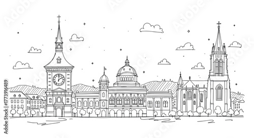 Bern skyline doodle with iconic landmarks and architecture