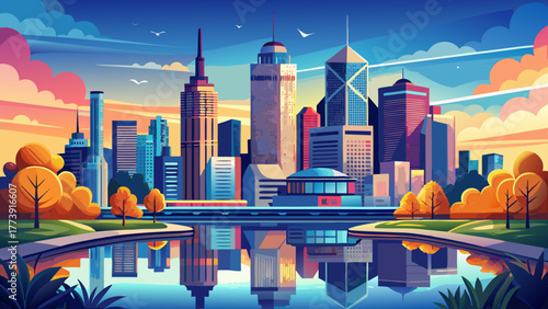 Very beautiful panoramic view of Indianapolis, Indiana, USA skyline, showcasing modern skyscrapers, reflective glass towers, and scenic riverside parks under a clear blue sky at golden hour.