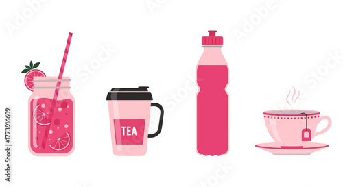 Assorted Pink Drinks - Strawberry Juice, Tea, and Water.