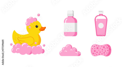 Baby Bath Time Essentials - Duck, Soap, and Sponge.