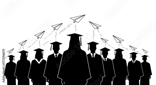 Graduation Silhouette of Graduates with Paper Airplanes, Education Concept