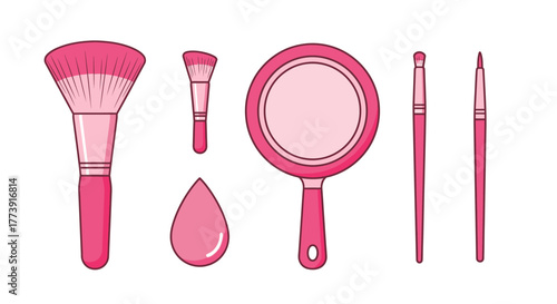 Makeup Tools Illustration - Brushes, Sponge, and Mirror.