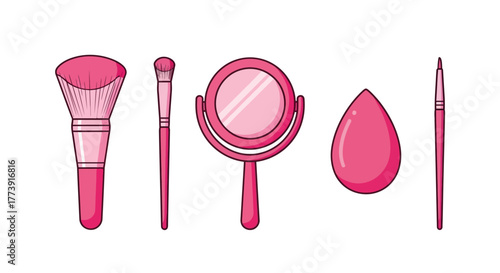 Makeup Tools Collection - Brushes, Mirror, and Sponge.