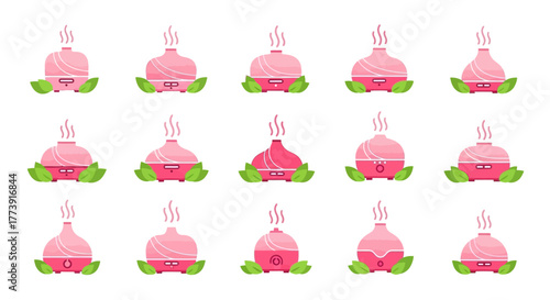 Pink Aroma Diffusers with Steam and Green Leaves Illustration.