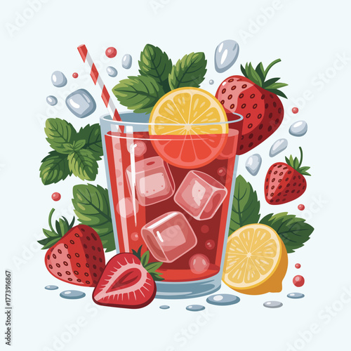  Strawberry Lemon Drink Illustration – Refreshing Summer Juice Vector