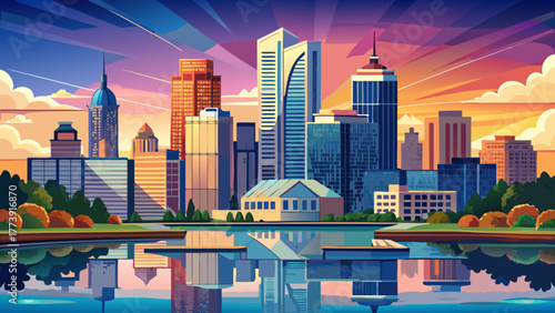 Very beautiful panoramic view of Indianapolis, Indiana, USA skyline, showcasing modern skyscrapers, reflective glass towers, and scenic riverside parks under a clear blue sky at golden hour.