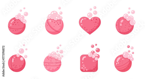 Pink Bath Bombs with Bubbles - Heart, Square, and Round Shapes.