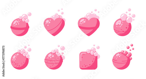 Pink Bath Bombs with Bubbles - Heart, Circle, Square Shapes.