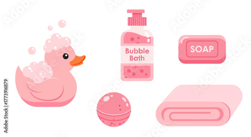 Pink Bath Time Essentials - Duck, Bubble Bath, and More.