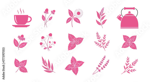 Pink Herbal Tea Collection - Cup, Kettle, and Floral Elements.