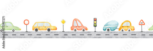 Seamless border of colorful retro cars on straight road, road signs and stoplight. Watercolor hand drawn kids background of city street. Baby endless banner of highway with engine for children goods
