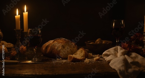 Close-up of a dimly lit table set for a simple meal, with bread, wine, & candlelight