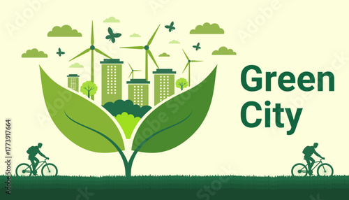 illustration of a sustainable green city with buildings, wind turbines, trees and people cycling, symbolizing harmony between nature and urban life. For use in environmental and eco friendly projects.