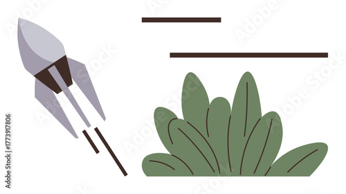 Rocket launching into minimalistic sky near green foliage, symbolizing ambition, progress, and environmental balance. Ideal for innovation, business growth, sustainability, leadership, exploration