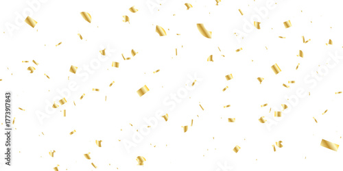 Golden confetti and streamers falling against a white background creating a celebratory and elegant atmosphere for events	