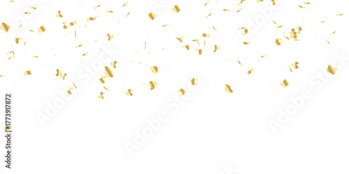 Golden confetti and streamers falling against a white background  creating a celebratory and elegant atmosphere for events
