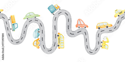 Seamless border of colorful retro cars on winding asphalt road. Watercolor hand drawn kids background of of city street. Baby endless banner of highway with engine for children goods