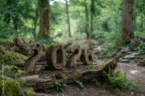 celebrate 2026 carved from wood standing on tree trunk in big numbers with alpine forest surrounding, bokeh, photorealistic