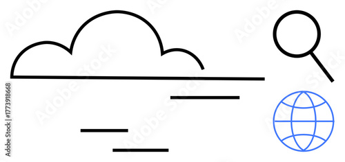 Minimalist cloud shape, magnifying glass, and globe. Ideal for data storage, internet access, global reach, technology, online research cloud services and connectivity. Simple flat metaphor