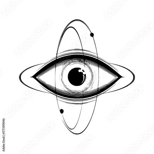 Stylized eye with orbital rings and small spheres in a black and white brush stroke illustration
