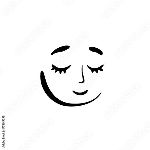 A simple line drawing of a face with closed eyes and a gentle smile in black and white design style