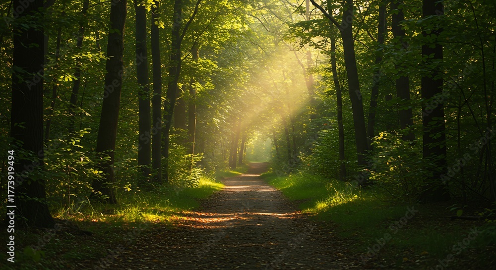 Obraz premium Sunbeams illuminate a forest path creating a magical atmosphere.