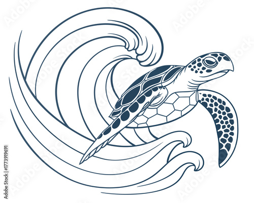 Stylized depiction of a sea turtle gracefully swimming through cresting ocean waves against a white background.