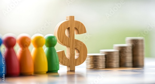 Colorful pawns stand beside a wooden dollar sign and rising coin stacks, symbolizing financial growth and diverse investment strategies.