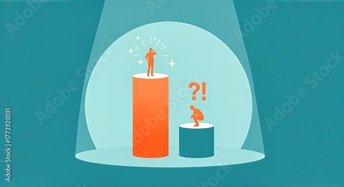 Confident achiever stands tall on success pedestal while confused individual contemplates a question mark next to a smaller platform, symbolizing disparity and uncertainty in a spotlight.