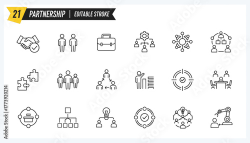 21 partnership icons, black and white line style, teamwork, collaboration, organizational structure, business tools, vector illustration, editable stroke, professional concept