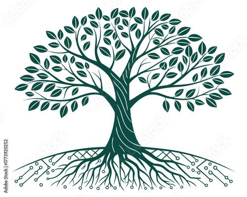 Conceptual illustration of a tree featuring the integration of technological elements and natural growth representing innovation