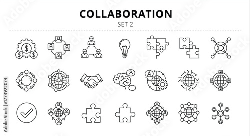 24 collaboration icons, black and white line style, teamwork symbols, puzzle pieces, network nodes, handshake, idea bulb, vector illustration, organizational concept
