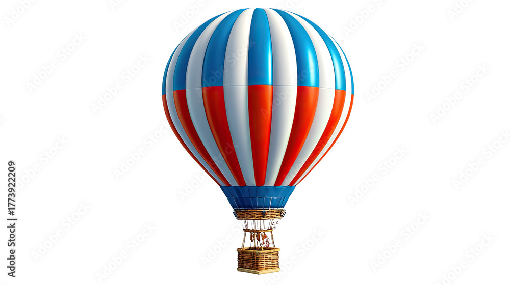 Fototapeta premium Soaring Ambitions: A vibrant hot air balloon ascends against the vast expanse, the red, white, and blue stripes symbolizing freedom, adventure, and the spirit of exploration.