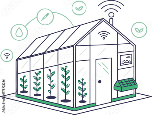 Illustration of a smart greenhouse with sensors and wi-fi connectivity for modern agriculture or gardening concepts.