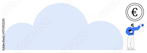 Man in professional attire analyzing cloud technology while interacting with euro currency graphic. Ideal for finance, cloud computing, economy, digital transformation, business development, fintech