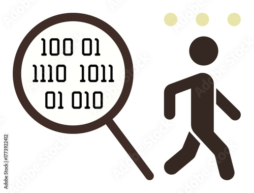 Magnifying glass examining binary code near walking figure, representing analysis, data privacy, tracking, cybersecurity, AI insights, surveillance, and information assessment in a simple flat
