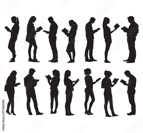 Silhouettes of people reading books in a library. A diverse group, books in hand, reading together. Focus on reading, books, and studying in the library. Young Asian women and men reading books.