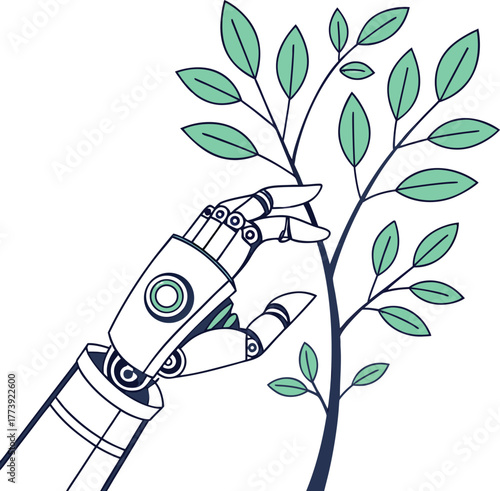 Futuristic robotic hand nurturing plant life depicted in vector illustration suitable for ecological themes