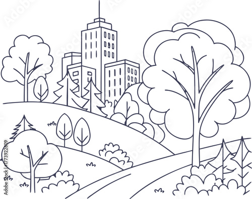 Illustration of city buildings surrounded by trees and greenery in a minimalist outline style
