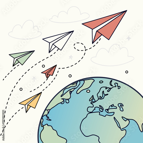 Paper airplanes soar above a stylized globe, symbolizing global communication and travel, the scene evokes a sense of adventure and connection across borders