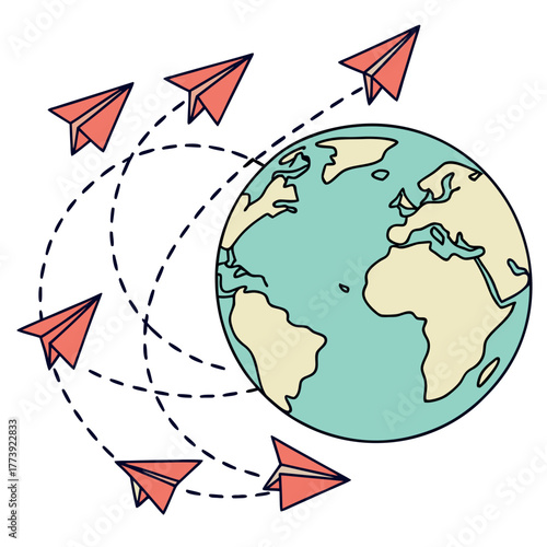 Paper airplanes encircle a stylized globe, representing global travel and interconnectedness, the scene conveys a sense of exploration and worldwide communication