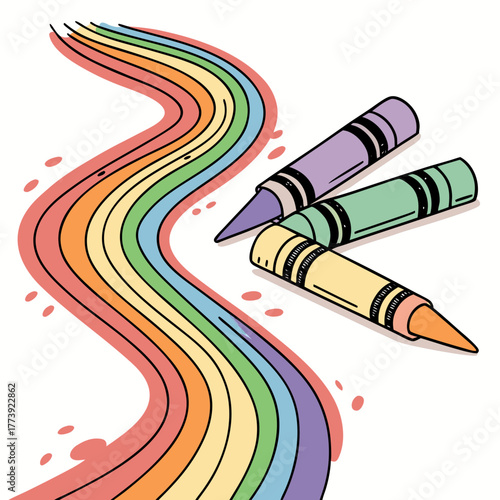 A whimsical illustration showcasing a vibrant rainbow trail alongside a trio of colorful crayons, creating a playful and imaginative scene