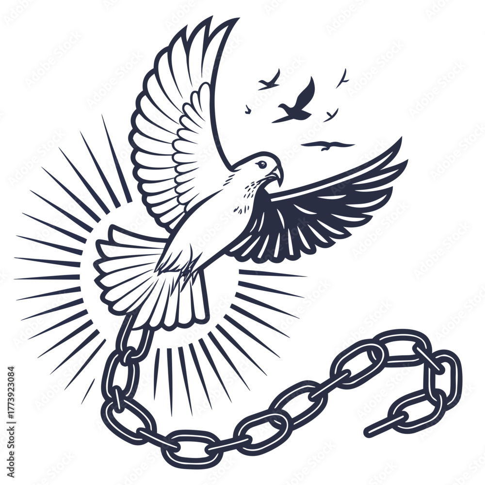 Obraz premium Dove breaking free from chains, , symbolizing freedom, hope, and liberation, with a radiant light behind it, representing a new beginning and peace