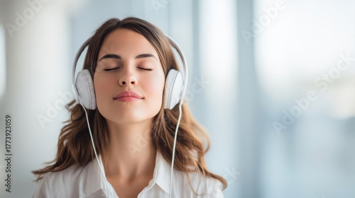Young professional woman with eyes closed, headphones on, meditating