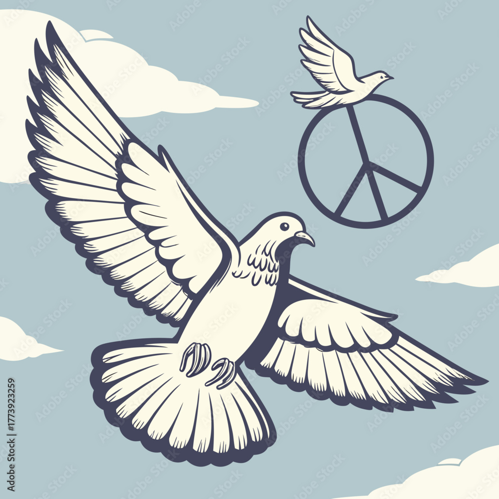 Obraz premium Dove in flight with peace symbol, a powerful image symbolizing hope, freedom, and the pursuit of peace, a message of harmony and unity amidst conflict, a call for understanding and compassion