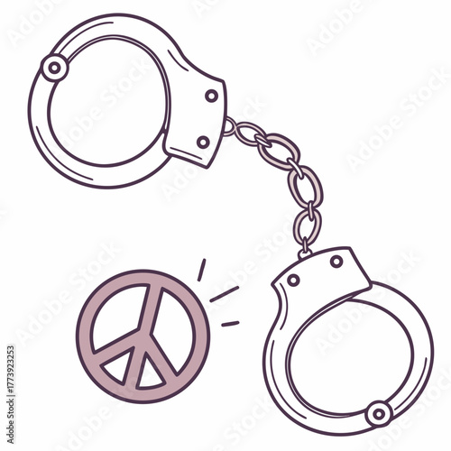 Handcuffs and a peace symbol, a potent juxtaposition illustrating the struggle for freedom and justice, the desire for harmony, and the fight against oppression and conflict