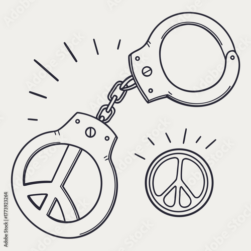 Handcuffs and a peace symbol, a stark contrast representing the tension between control and freedom, the pursuit of harmony amidst conflict, and the ongoing struggle for justice and equality